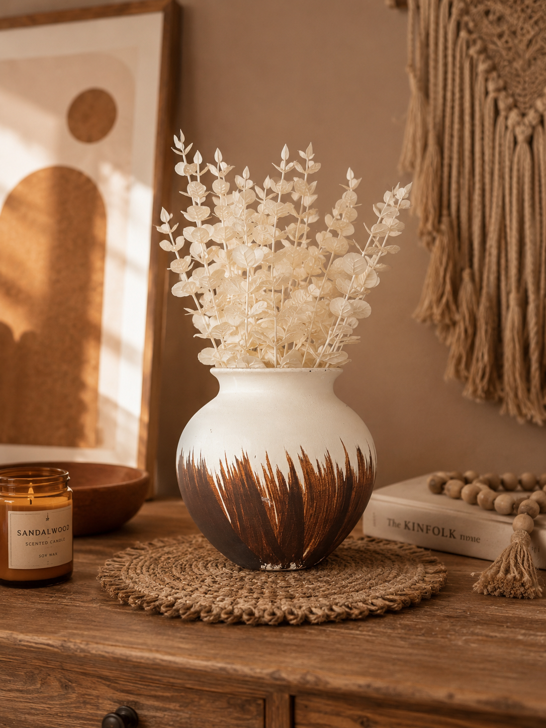 Brown White Ceramic Vase With white Eucalyptus