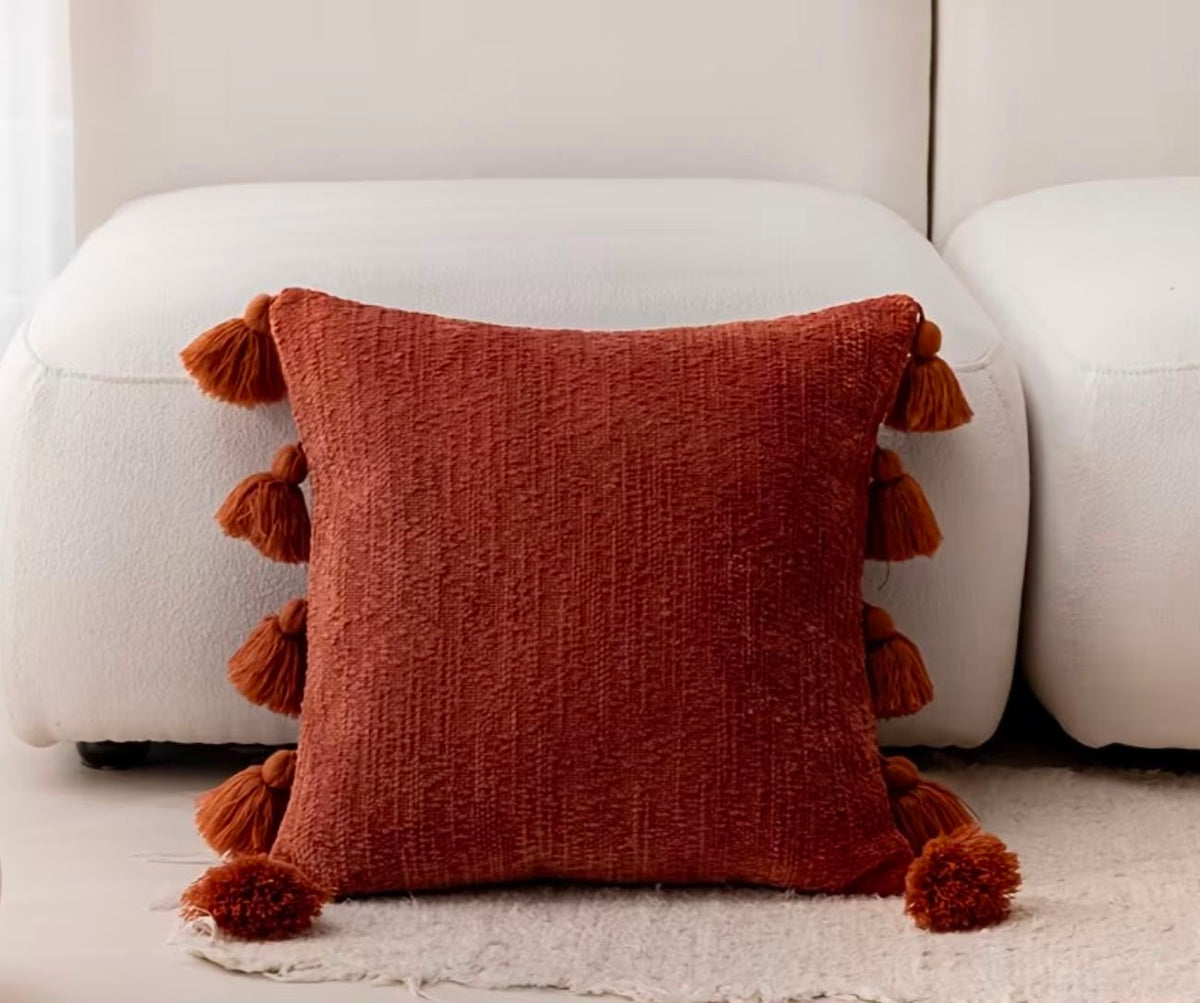 Chenile with Tasles Rust Cushion Cover