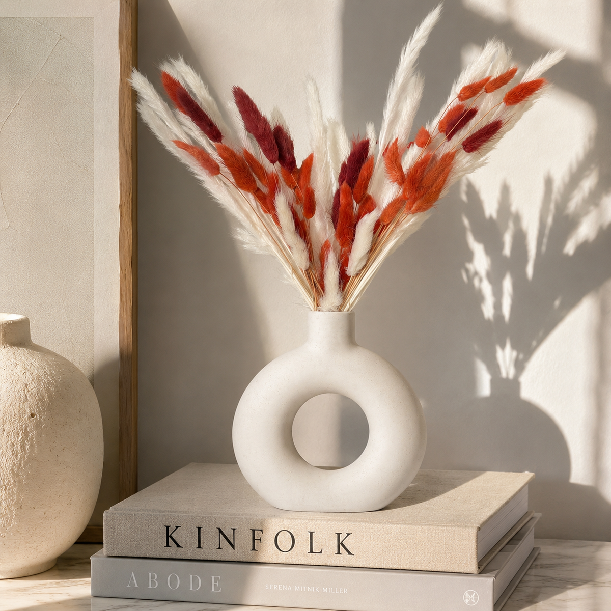 Ceramic Boho Vase With Orange and White Pampas