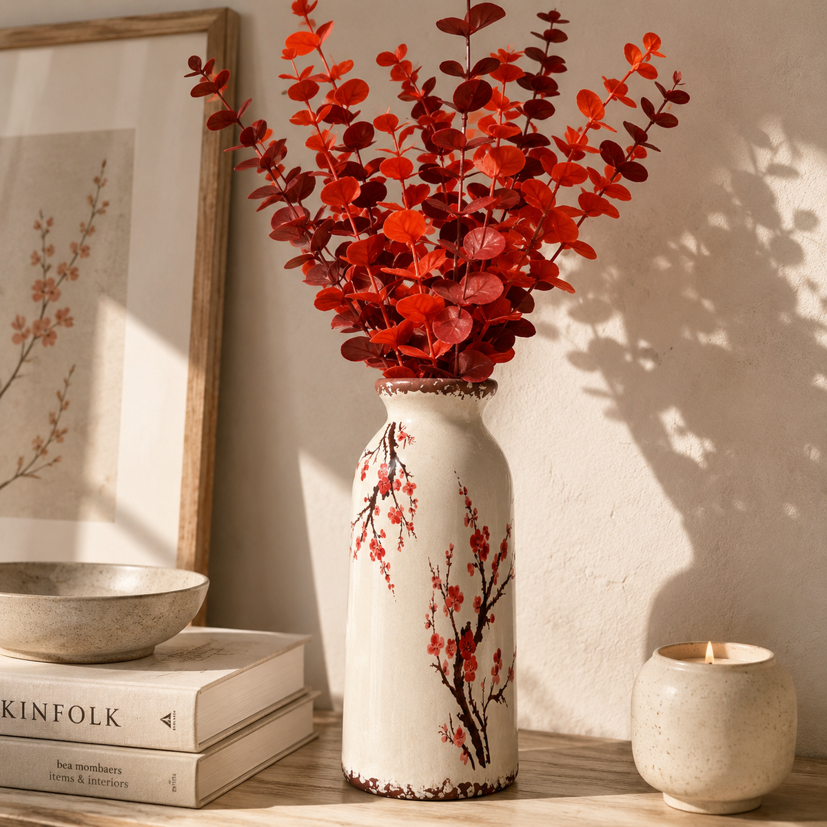 Autumn Printed Ceramic Vase With Eucalyptus