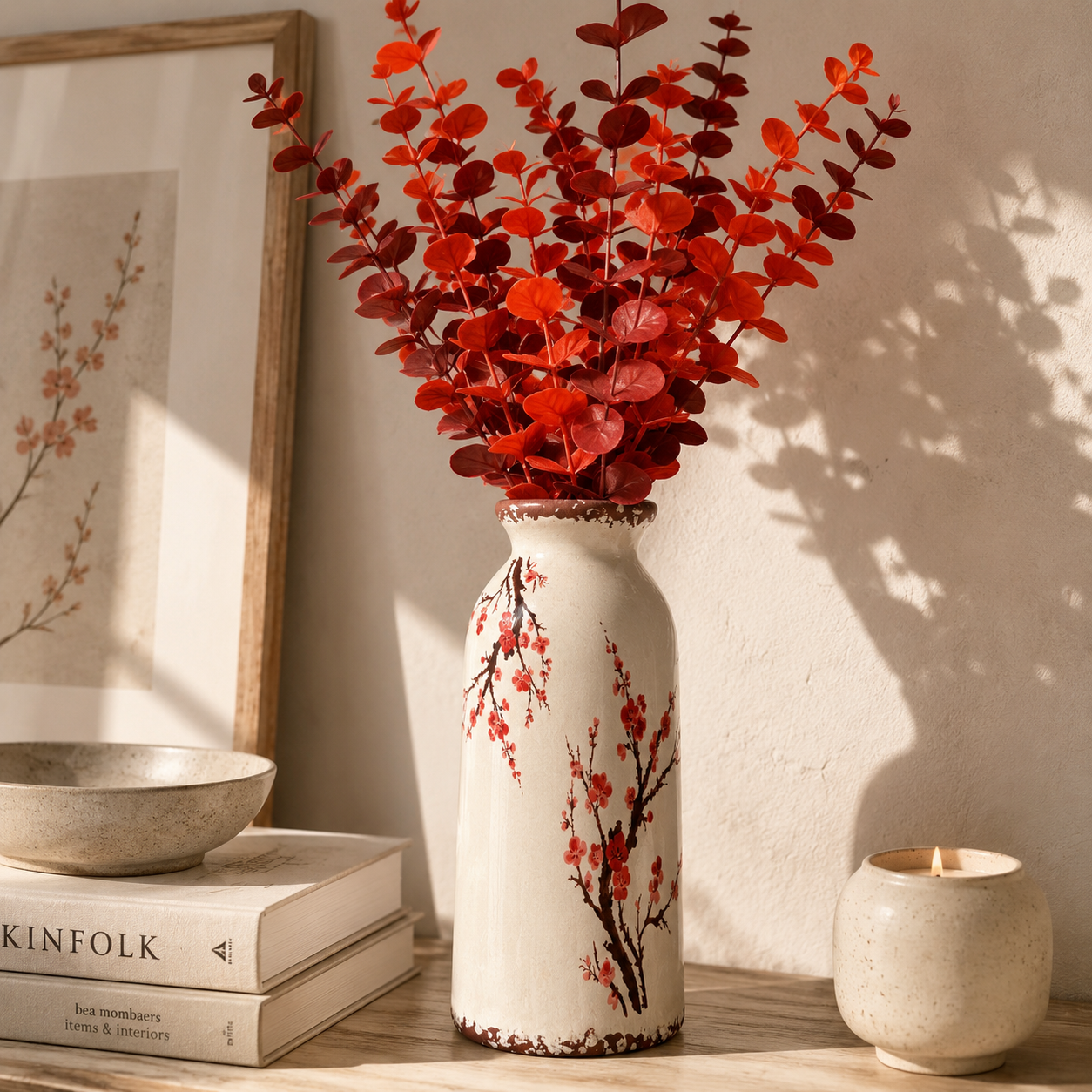 Autumn Printed Ceramic Vase With Eucalyptus