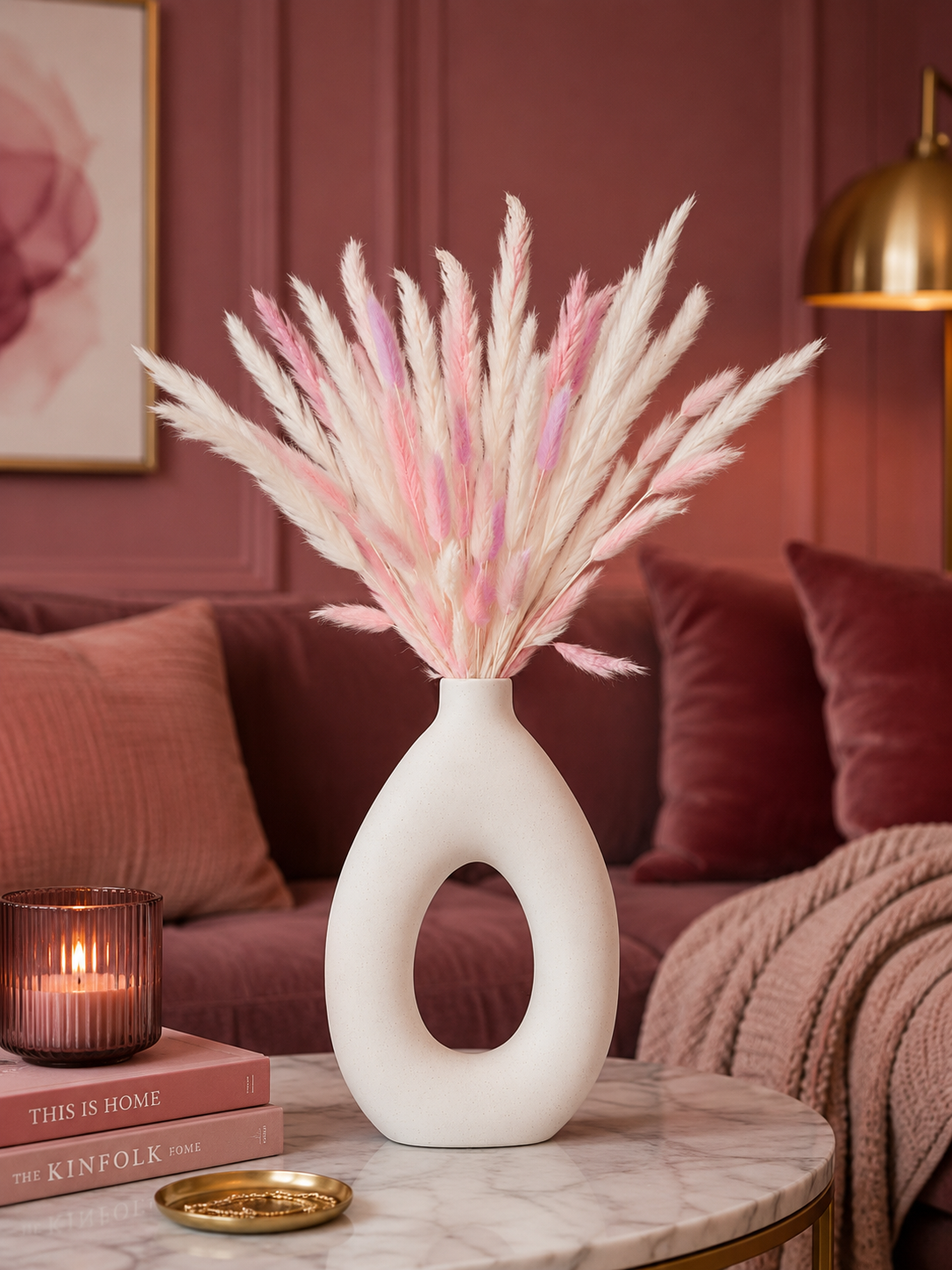 Boho Styled Ceramic Vase with White and Pink Pampas Arrangement