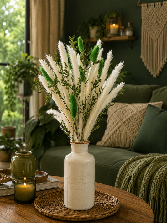 Green & White Pampas Arrangement with Ceramic Vase | Modern Boho Home Décor