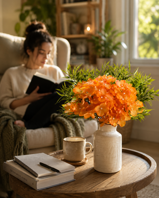 Orange Hydrangea Arrangement with Ceramic Vase
