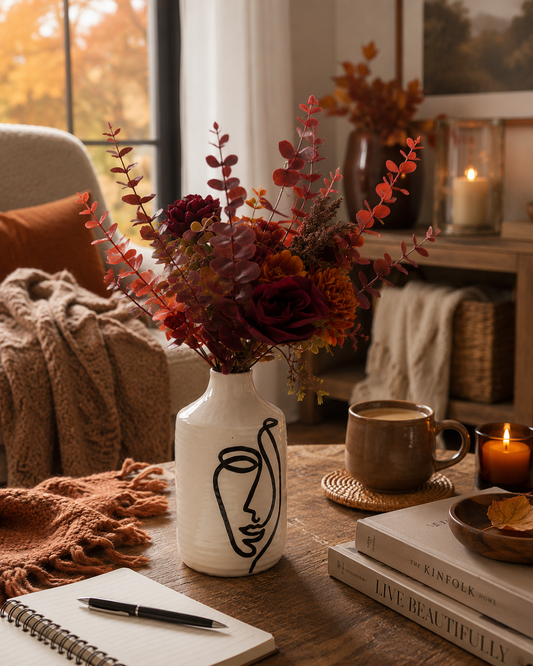 Autumn Floral Arrangement in Abstract Face Ceramic Vase | Modern Boho Home Décor