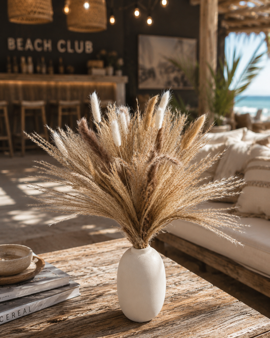 Neutral Pampas Grass Arrangement with Ceramic Vase | Boho Coastal Home Décor
