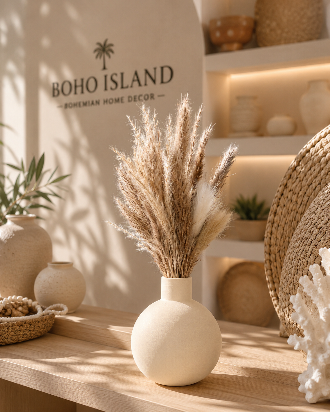 Neutral Pampas Mini Arrangement with Matte White Round Vase