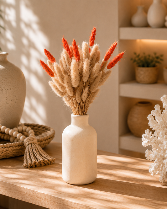 Orange Bunny Tail Dried Floral Arrangement with Matte White Vase