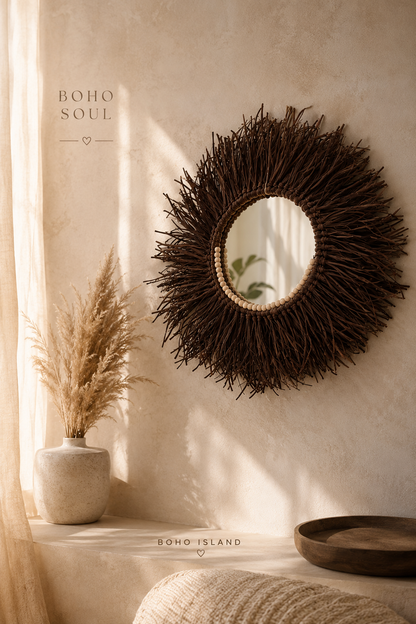 Rustic Sunburst Boho Wall Mirror