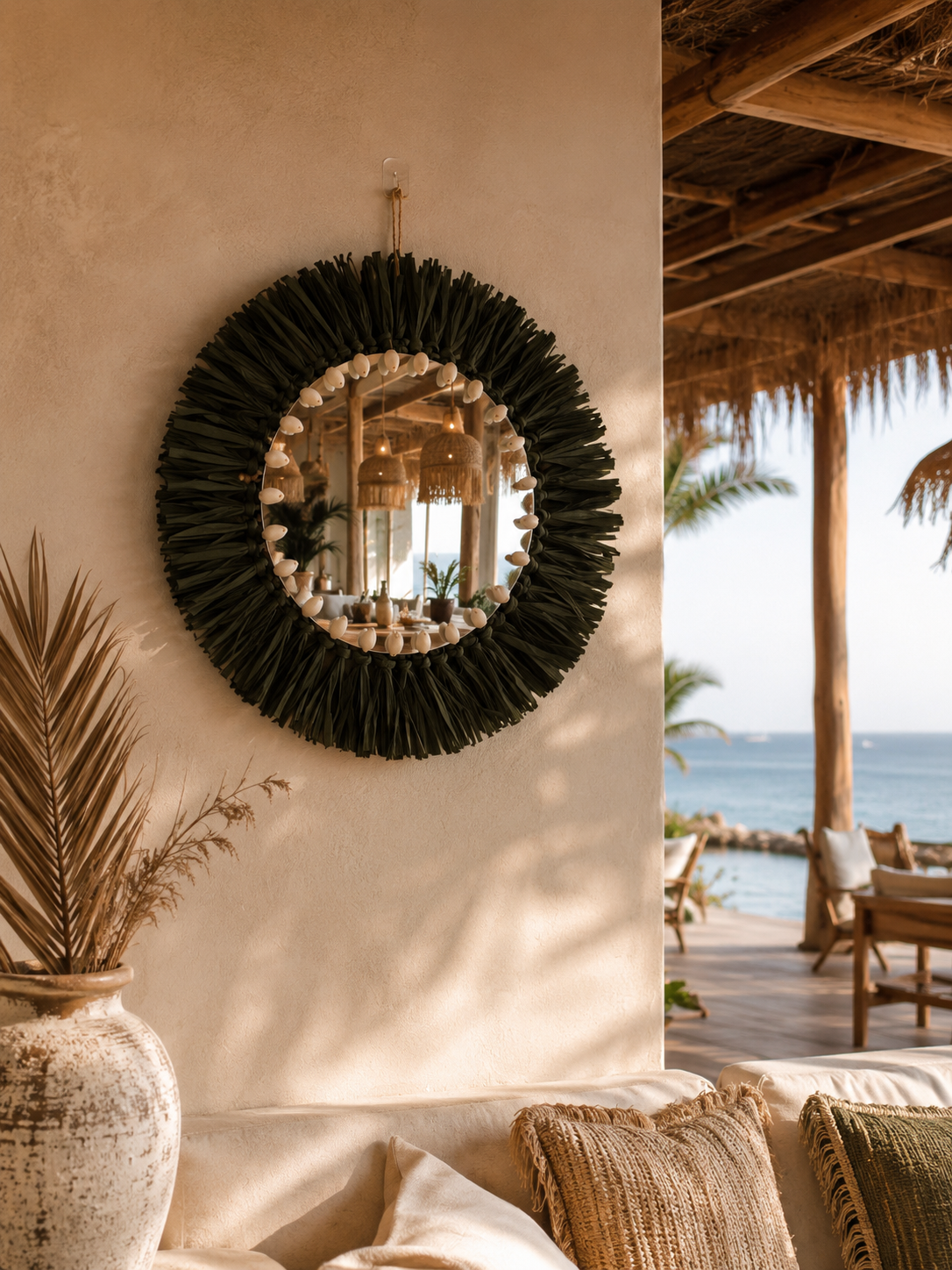 Handwoven Green Raffia & Shell Wall Mirror | Boho Coastal Decorative Mirror