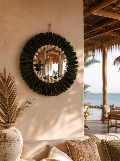 Handwoven Green Raffia & Shell Wall Mirror | Boho Coastal Decorative Mirror