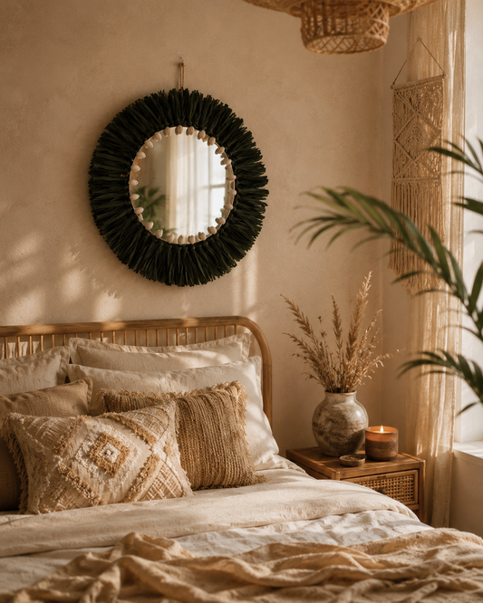 Handwoven Green Raffia & Shell Wall Mirror | Boho Coastal Decorative Mirror