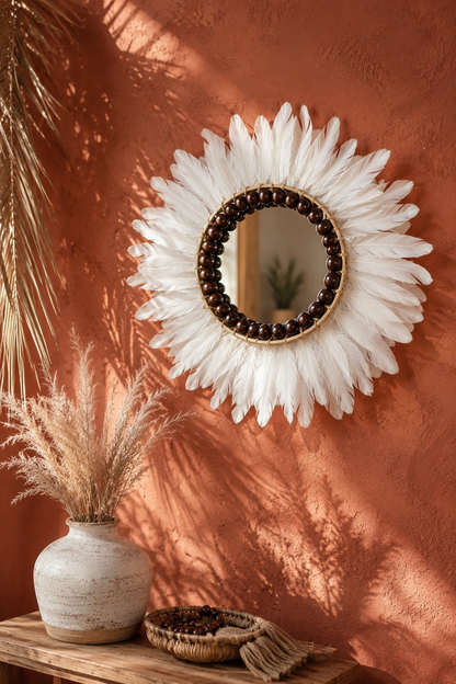 White Feather Boho Wall Mirror | Handcrafted Decorative Wall Mirror