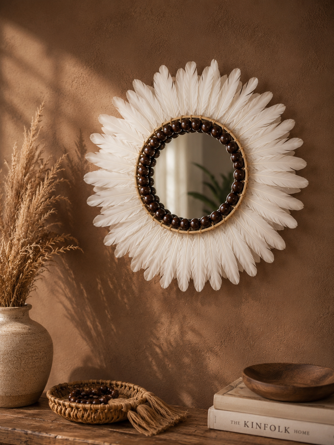 White Feather Boho Wall Mirror | Handcrafted Decorative Wall Mirror