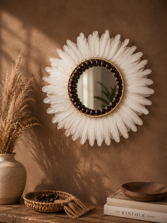 White Feather Boho Wall Mirror | Handcrafted Decorative Wall Mirror