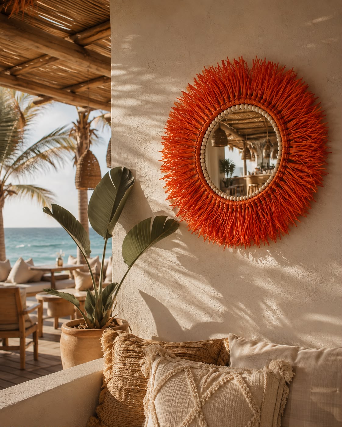 Orange Raffia Sunburst Mirror