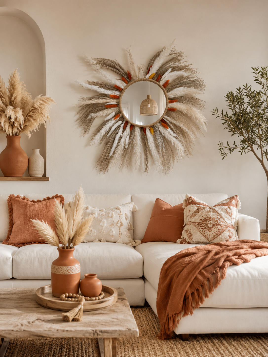 Pampas Grass Boho Mirror – Terracotta & Natural