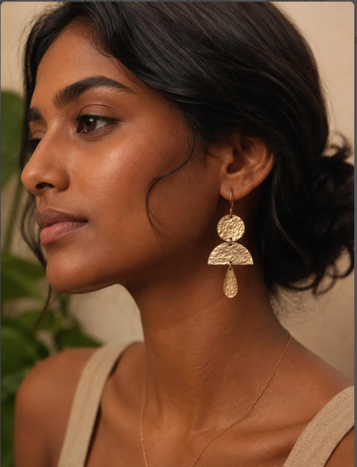 Brass Drop and Semi Circle, Goddess Earrings, Handmade, Tribal, Geometric, Hammered, Boho.