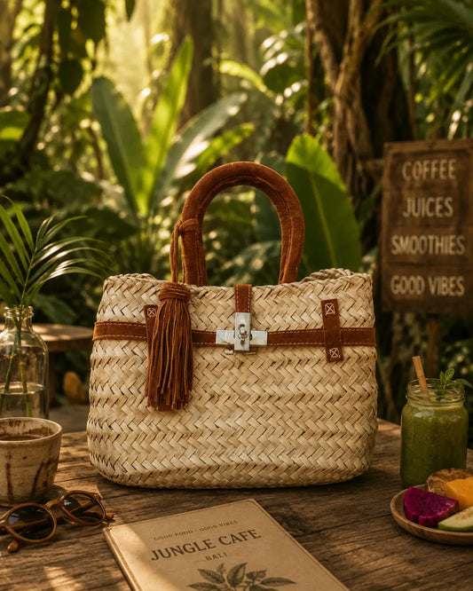 Bali Woven Rattan Tote – Tan Leather Trim