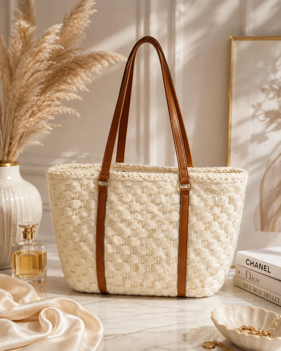 Cream Knit Tote – Braided Rim & Tan Leather Straps