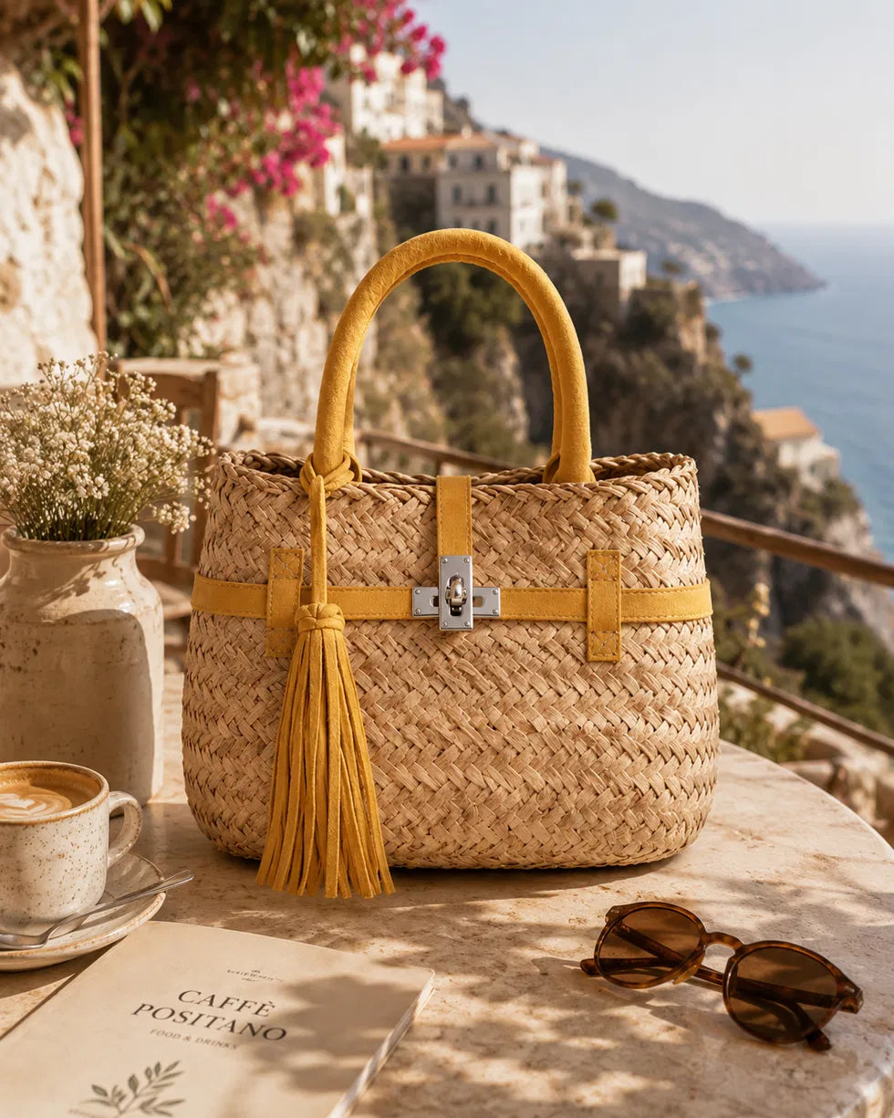 Bali Woven Rattan Tote – Mustard Leather Trim