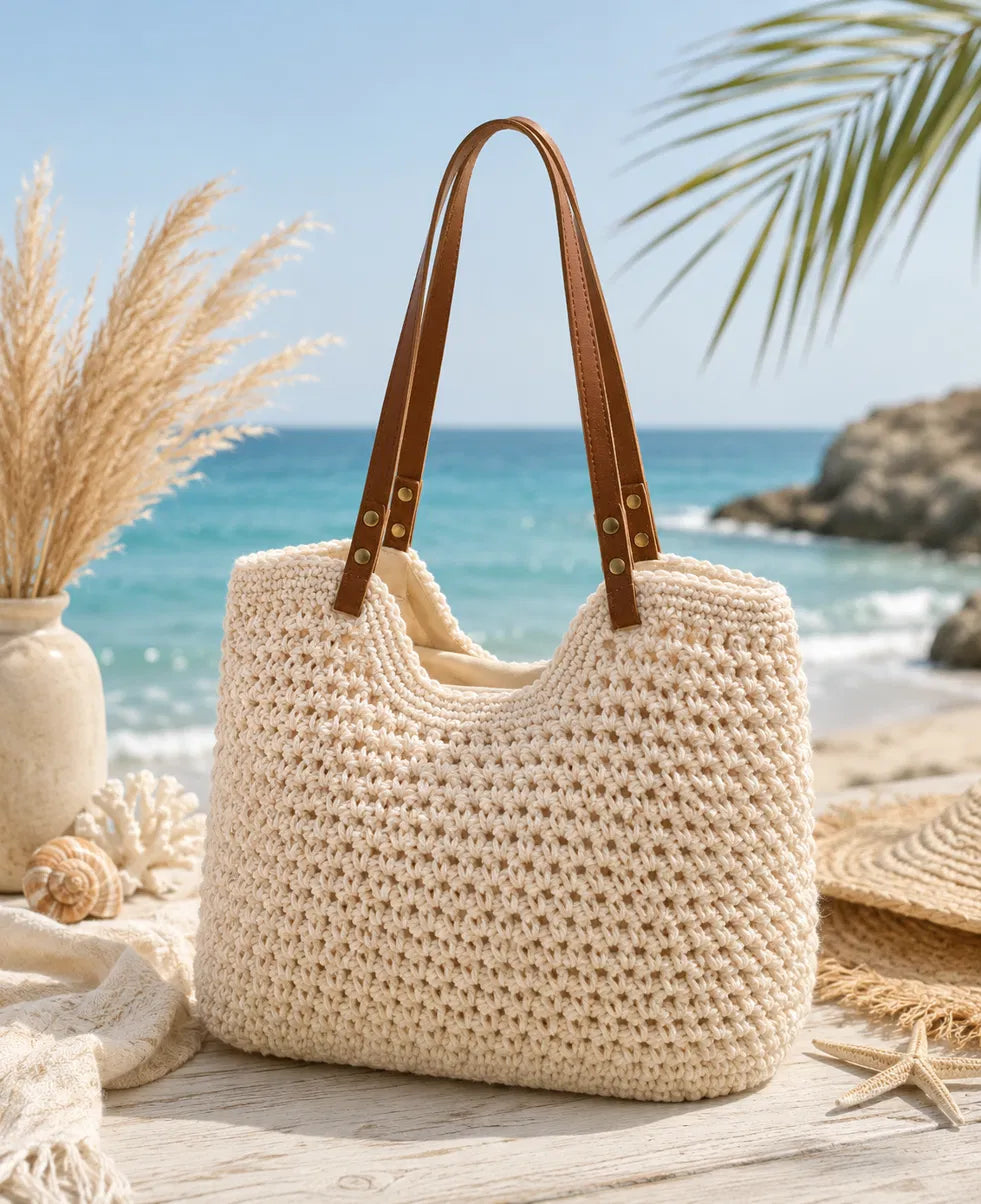 Crochet Beach Tote – Open Weave with Leather Straps