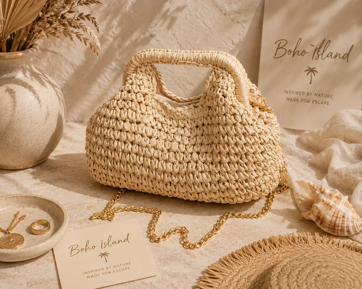 Boho Island Raffia Clutch – Gold Chain Strap