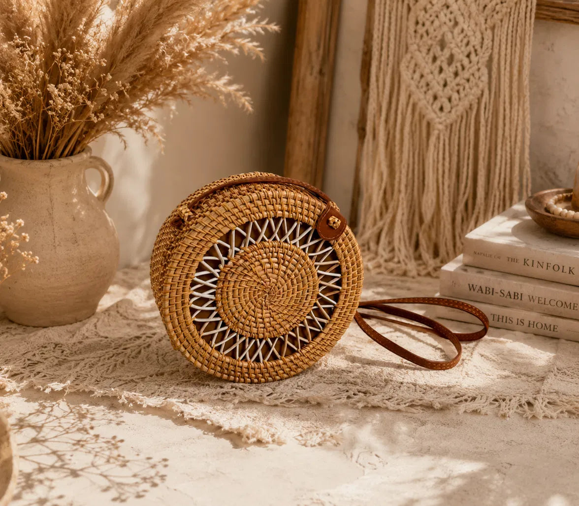 Boho Island Round Rattan Crossbody Bag